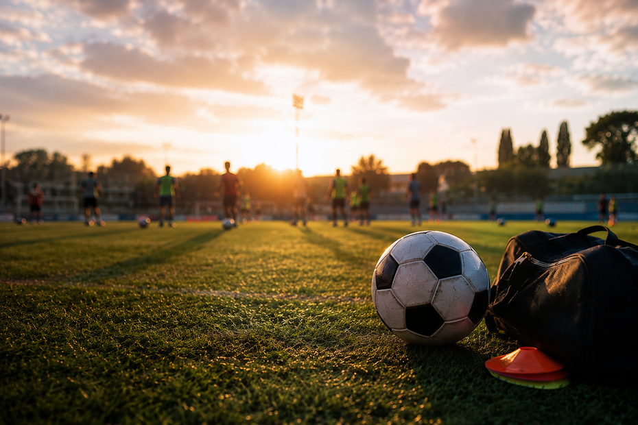 Pallone da calcio e scarpe da calcio su un campo erboso al tramonto, con i giocatori sullo sfondo.