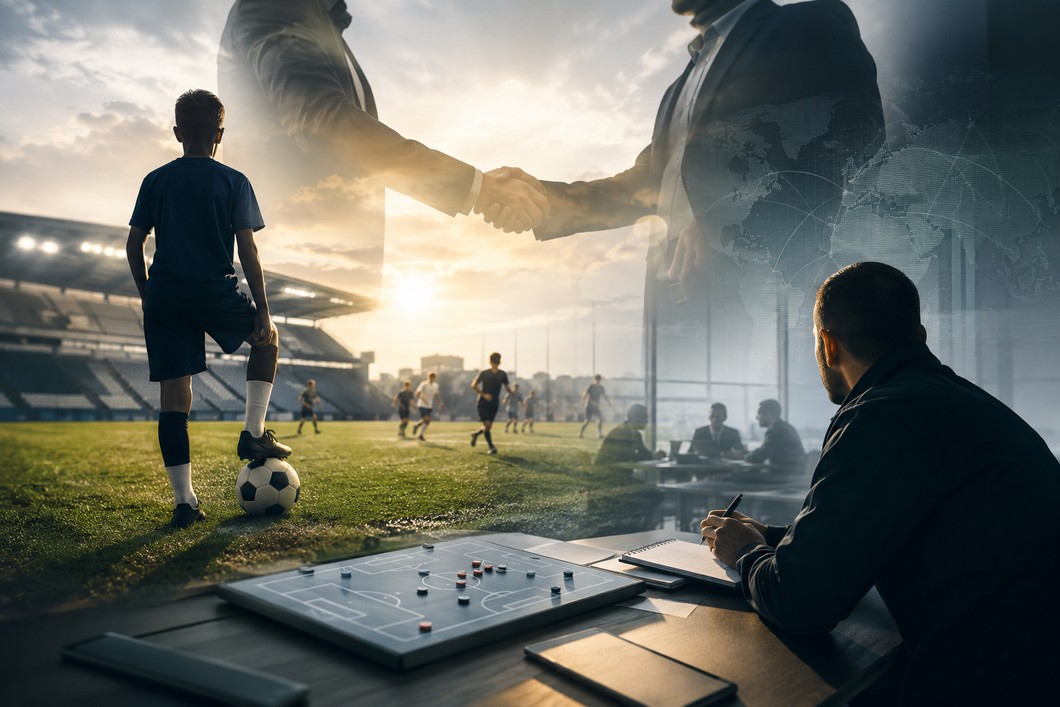 Campo da calcio con giocatore e allenatore sovrapposti a una stretta di mano e a una lavagna strategica al tramonto