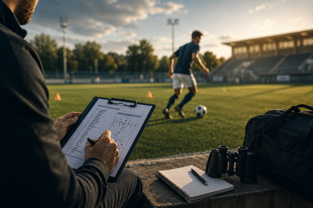 Un allenatore di calcio prende appunti mentre un giocatore dribbla su un campo soleggiato vicino alle attrezzature di allenamento.