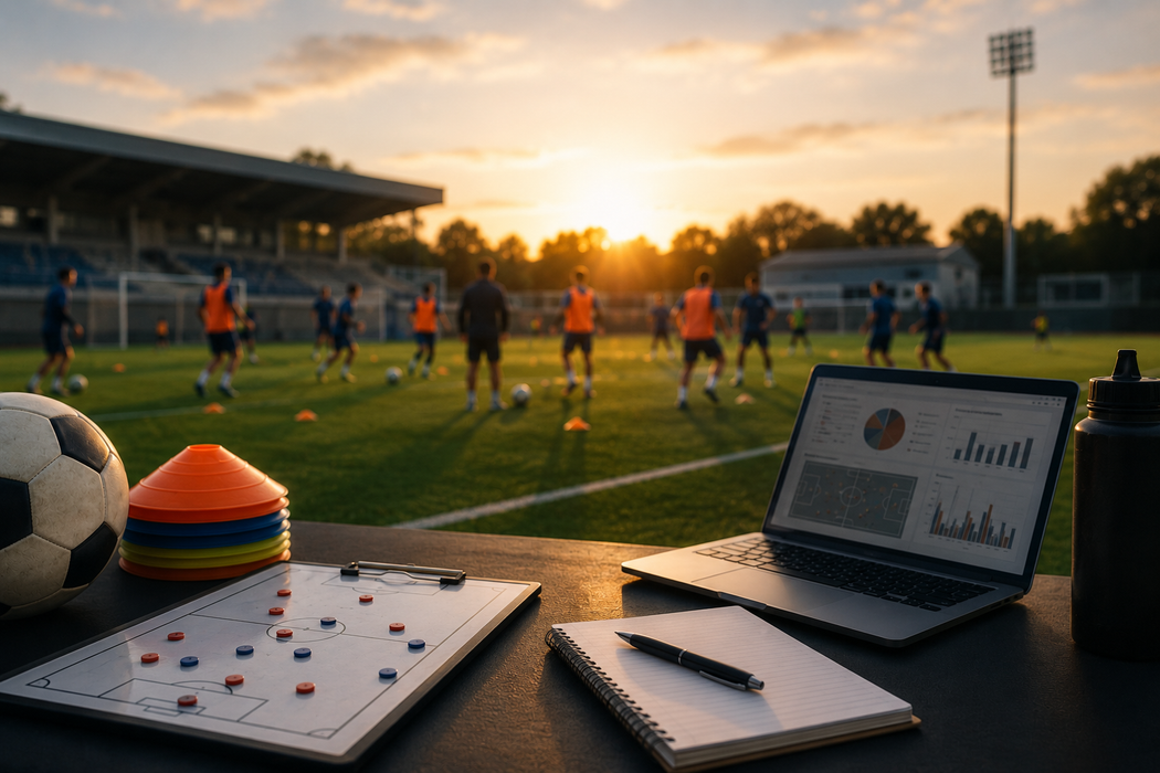 Allenamento di calcio al tramonto, con coni e schemi di gioco su un tavolo a bordo campo e giocatori in campo.