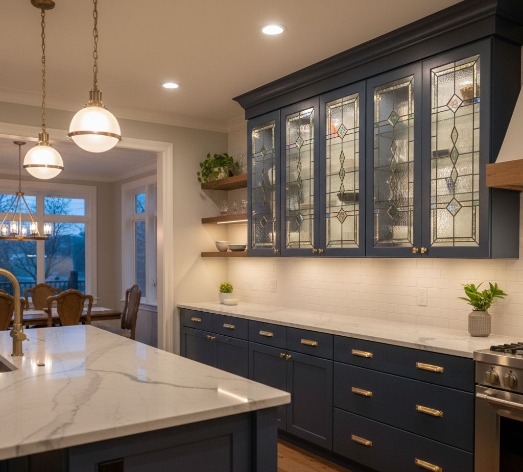 Navy kitchen cabinets with gold hardware and stained glass, white countertops, and globe pendant lights.