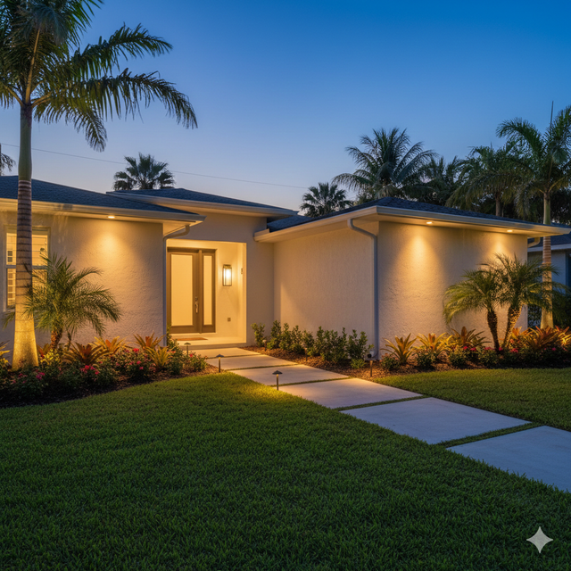 A modern home at dusk with illuminated exterior lights and a concrete pathway leading to the front door.
