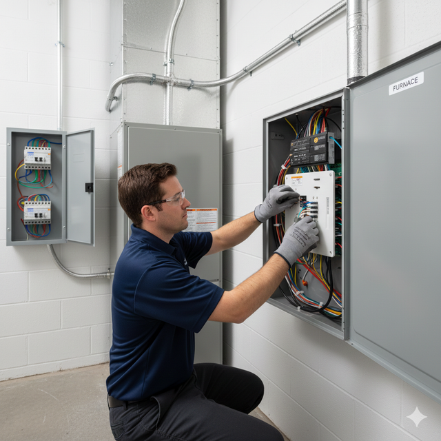 Electrician in gray gloves working on electrical panel in a room with white walls, wearing safety glasses and a blue shirt.