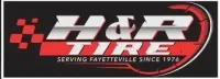 Logo for H&R Tire, a tire shop in Fayetteville. Features the company name in white/red against a black background.