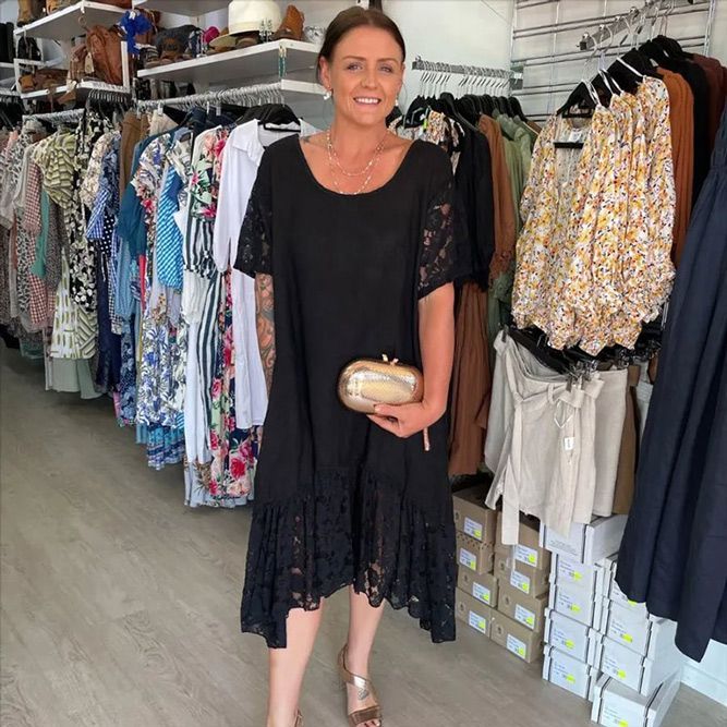 Woman Wearing Black Lace Dress — Zest Boutique in Yeppoon, QLD