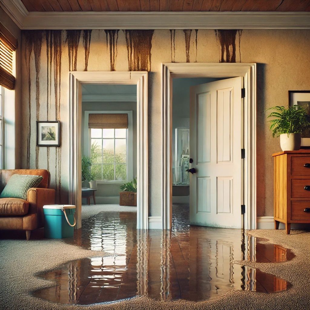 A living room with a flooded floor and a couch
