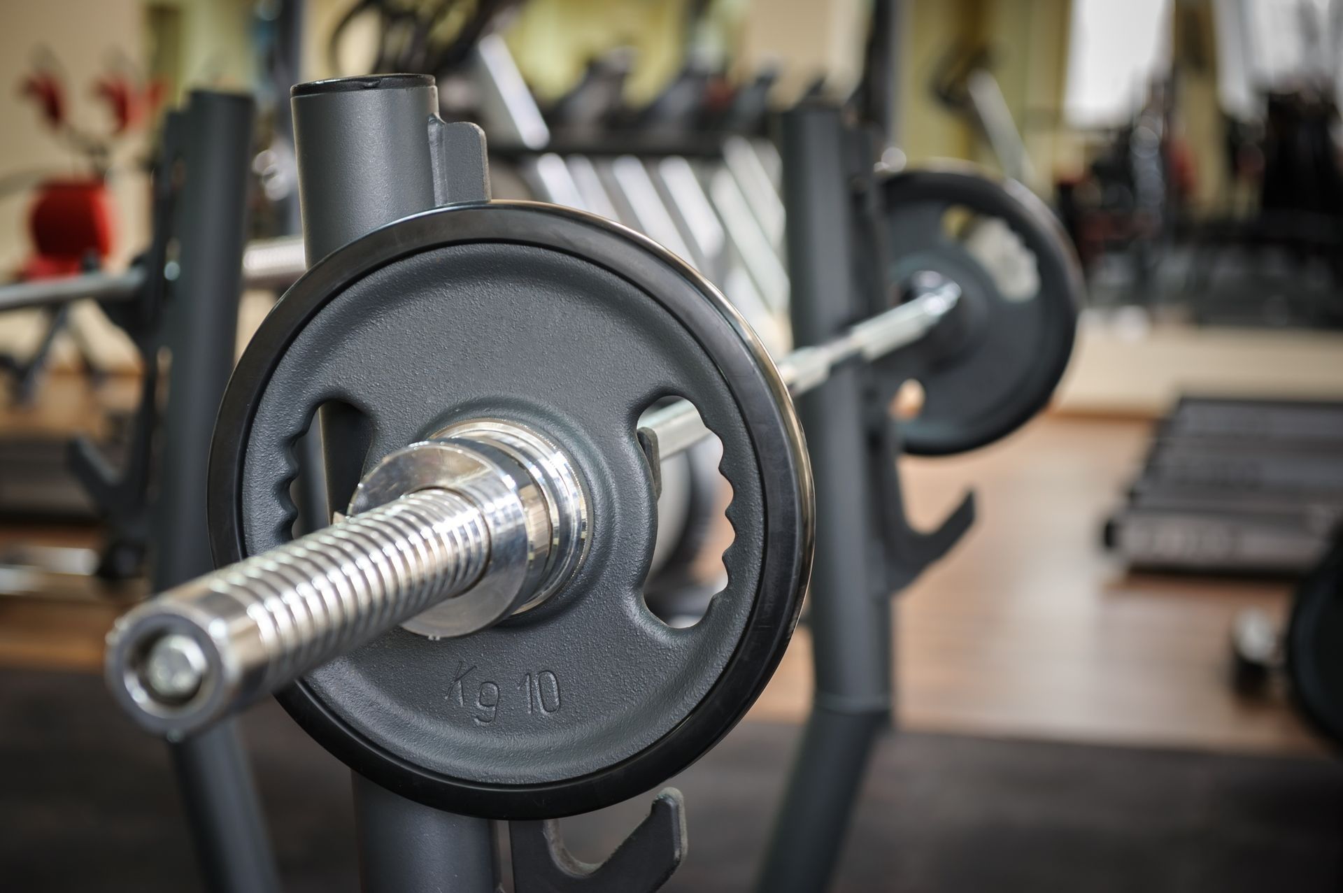 Barbell weight plate on a rack in a gym, with blurred exercise equipment in the background