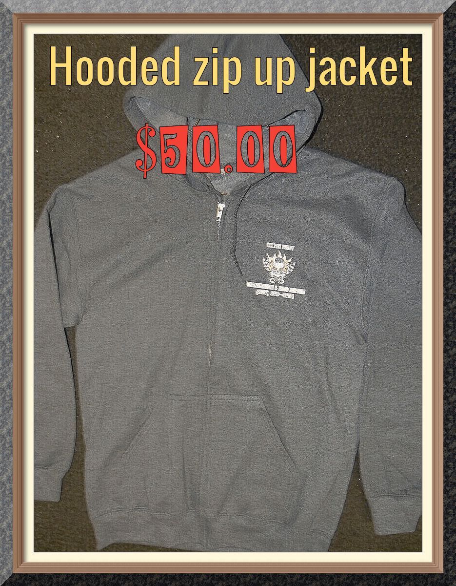 Gray hooded zip-up jacket with logo; price $50.00 in red text.