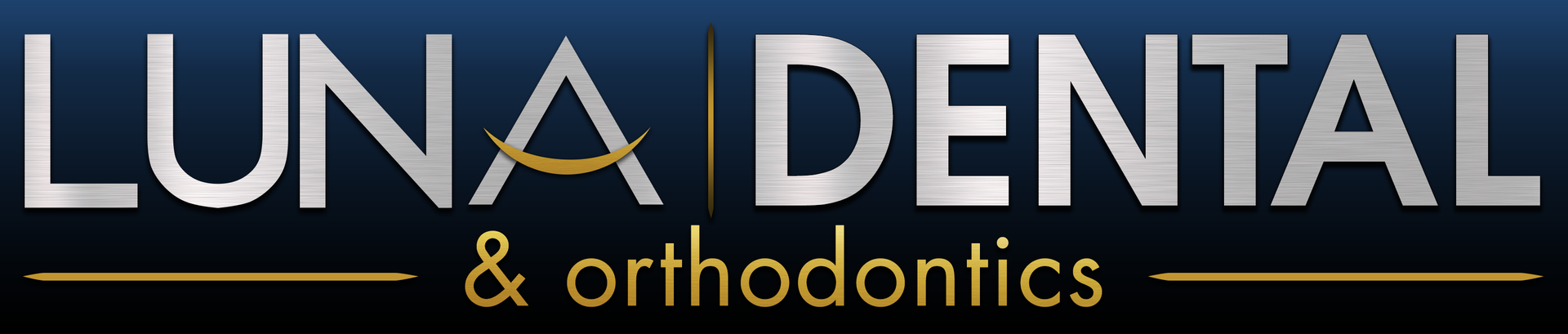 Luna-Dental-Dallas- Logo for Luna Dental & Orthodontics. Silver text on a dark blue background. The words are separated by a golden crescent.