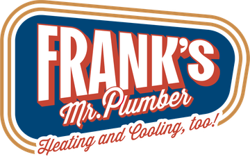 Logo for Frank's Mr. Plumber; blue background with white and red text, and gold border. 