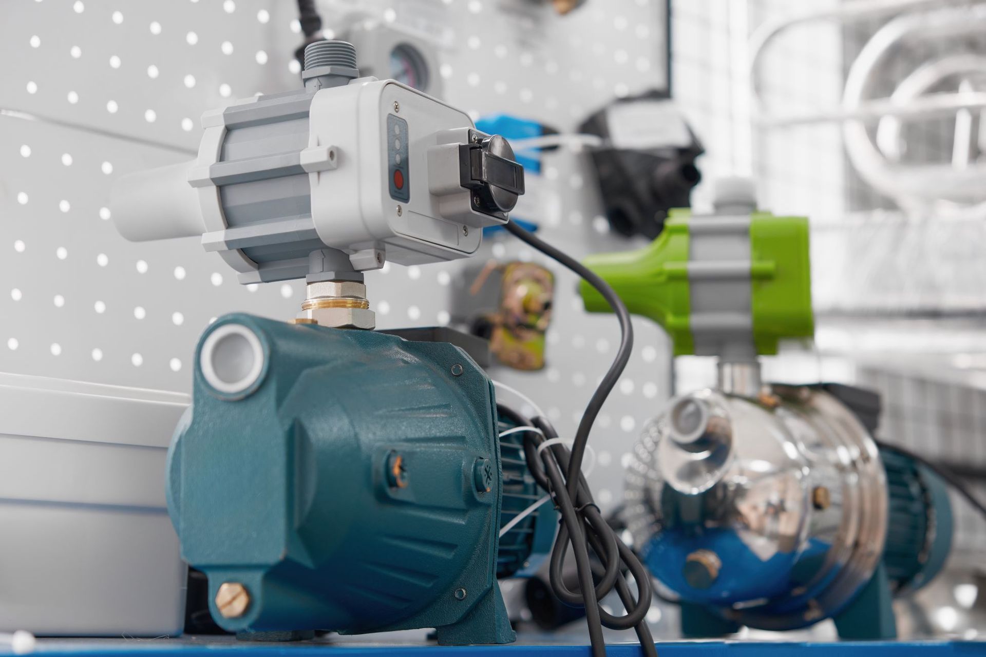 Blue and green water pumps in a hardware store setting, with various components and a pegboard backdrop.