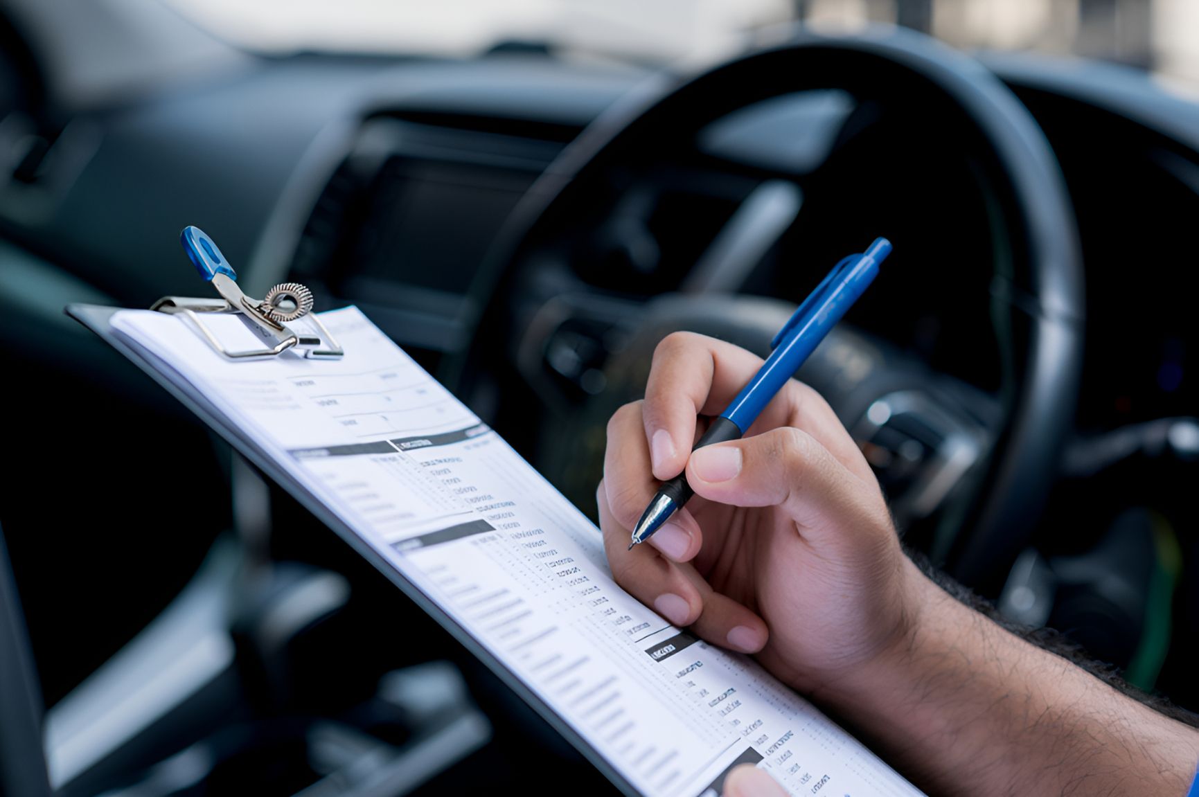 A Person is Writing on a Clipboard in a Car — Auto Blue Service Centre In Bungalow, QLD