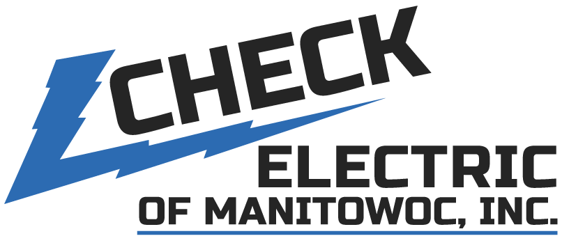 Logo for Check Electric of Manitowoc, Inc. with blue lightning bolt and black text