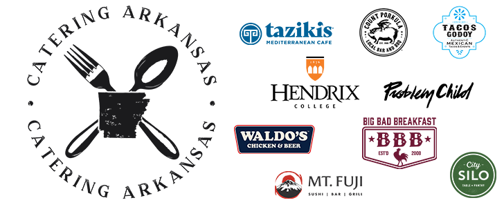 Logos of catering businesses in Arkansas, with a fork and spoon forming a circle around a state outline.