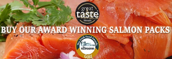 Close-up of award-winning salmon packs, with text 