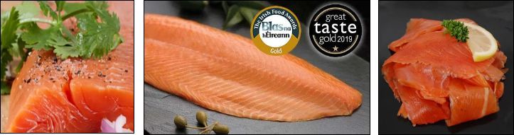 Three images of salmon: a fillet with herbs, a whole fillet, and sliced salmon with lemon.