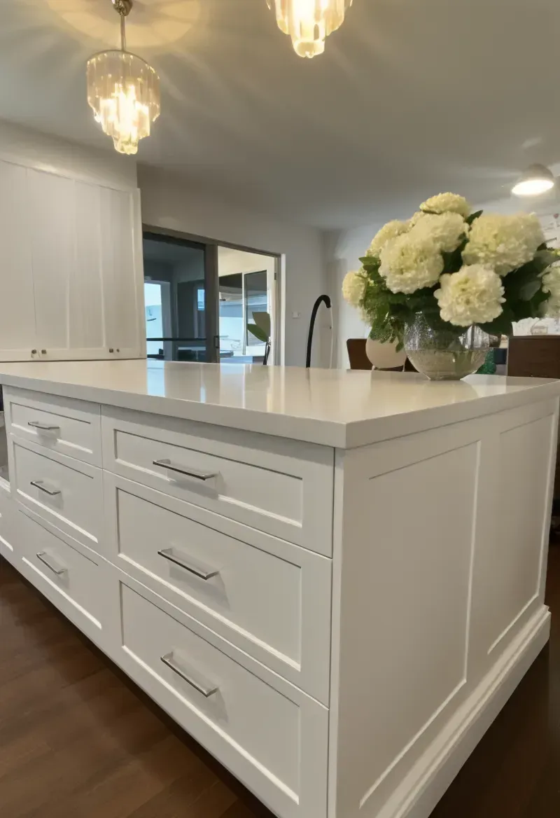 White bedroom with a bed, nightstands, and French doors. The room has a rug, hardwood floors, and a chandelier. — Caprice Cabinets in Coolum Beach, QLD
