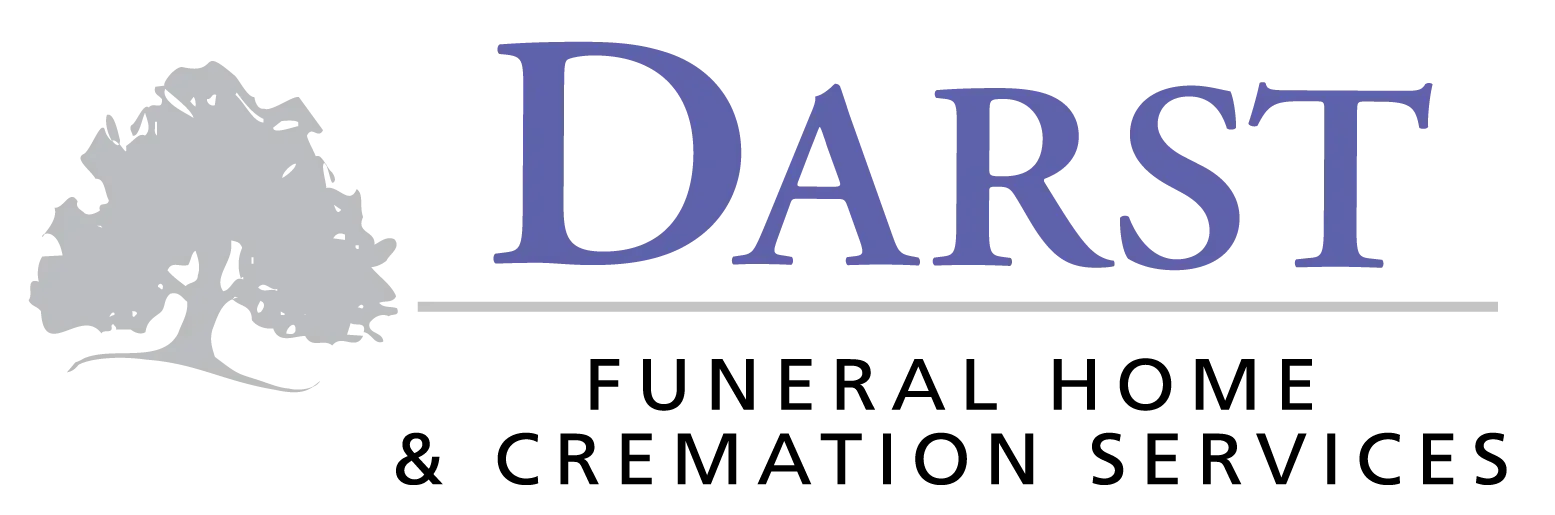 Darst Funeral Home & Cremation Services logo with gray tree and purple text on white background