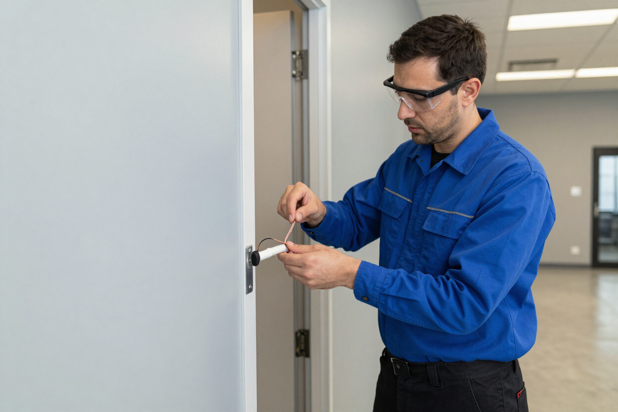 Technician installing low-voltage cabling at a commercial door frame