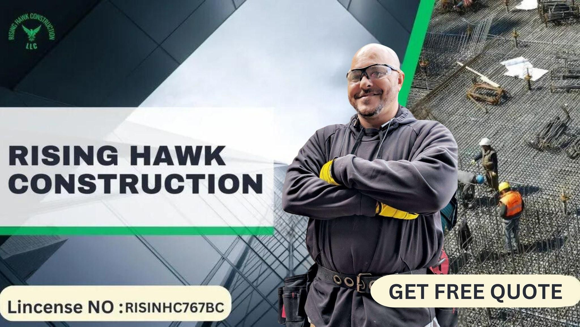 Construction worker smiling, arms crossed, with building site backdrop and company logo. 