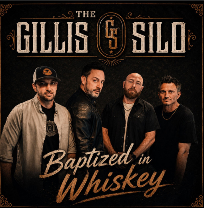 The Gillis Silo band portrait with “Baptized in Whiskey” title on a dark background