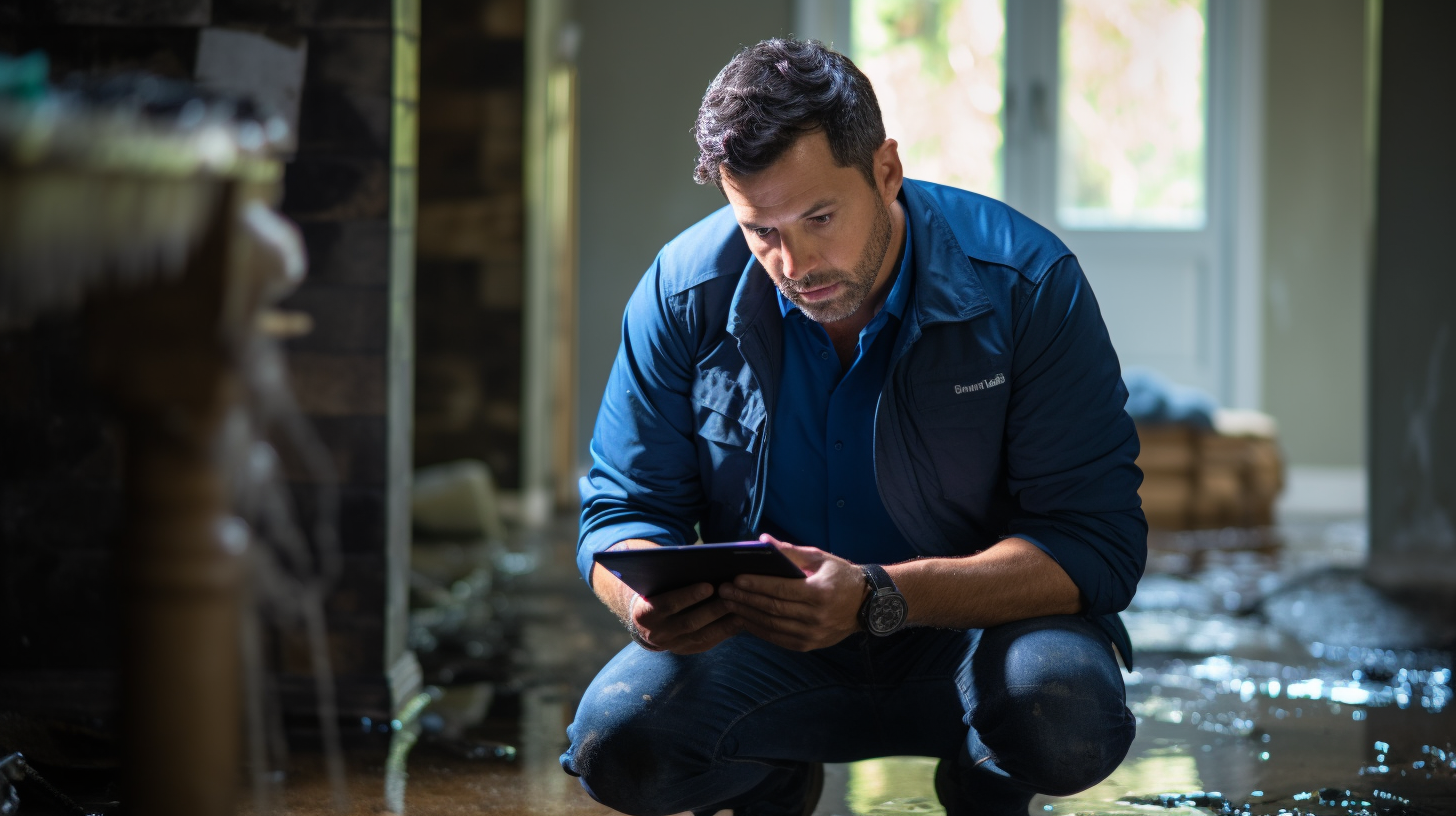 A Zen Dry Restoration technician assesses the damage in a flooded basement