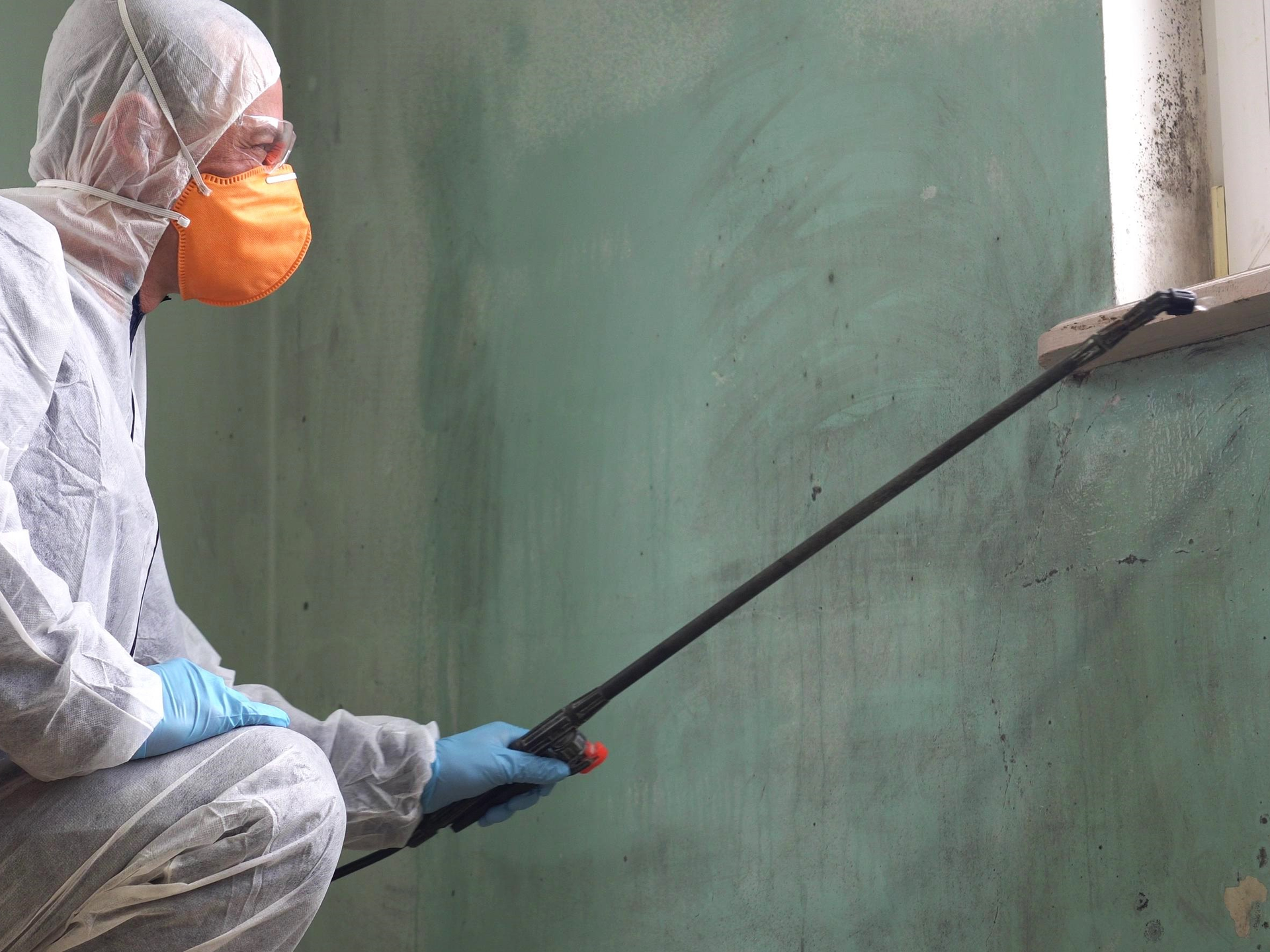 Technician in protective gear performing mold restoration on a wall.