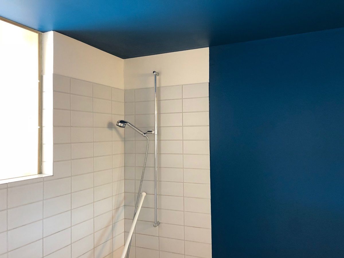 Ein Badezimmer mit blauen Wänden und einem Duschkopf