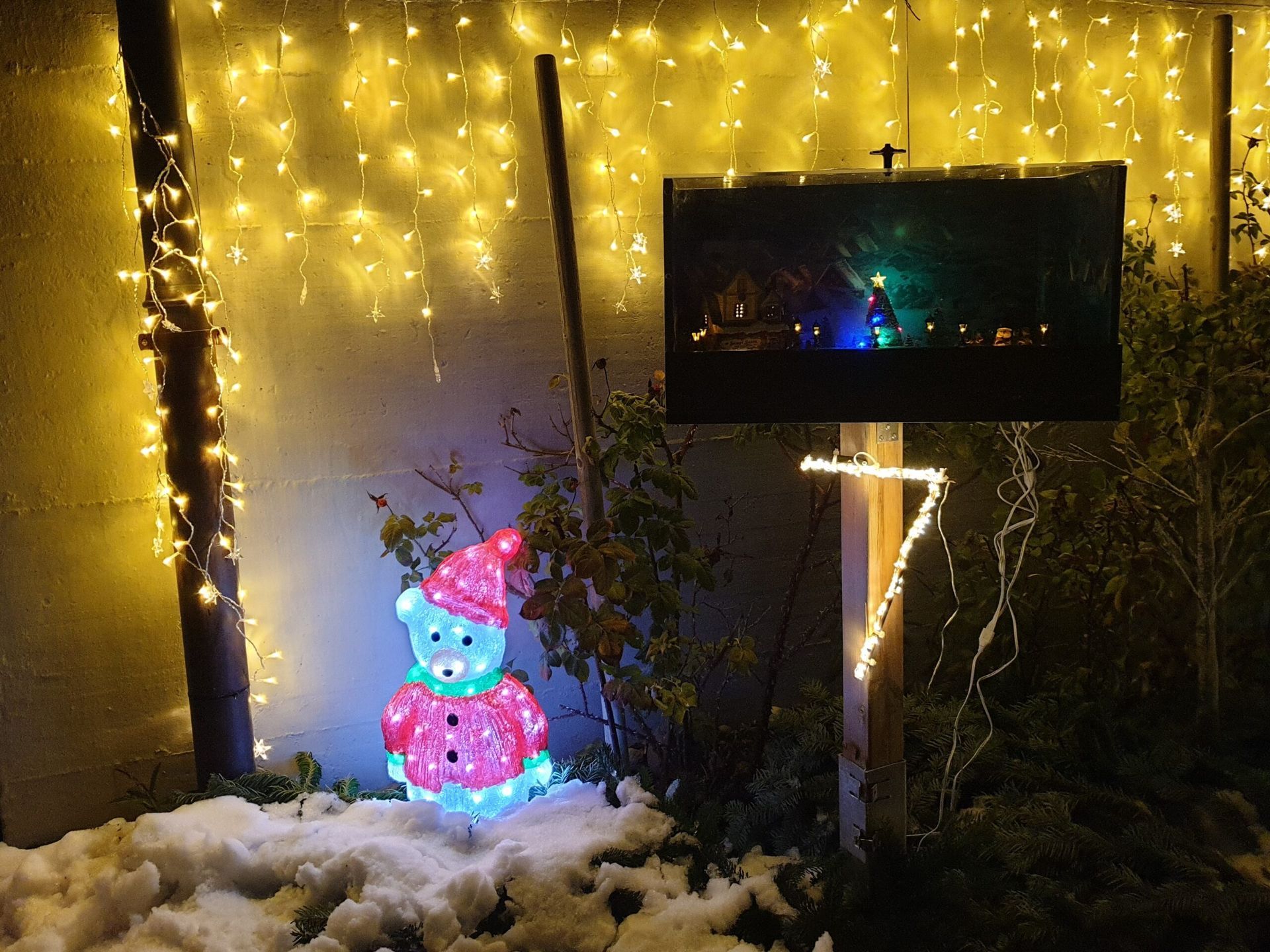 Ein Teddybär mit Weihnachtsmannmütze leuchtet im Schnee.