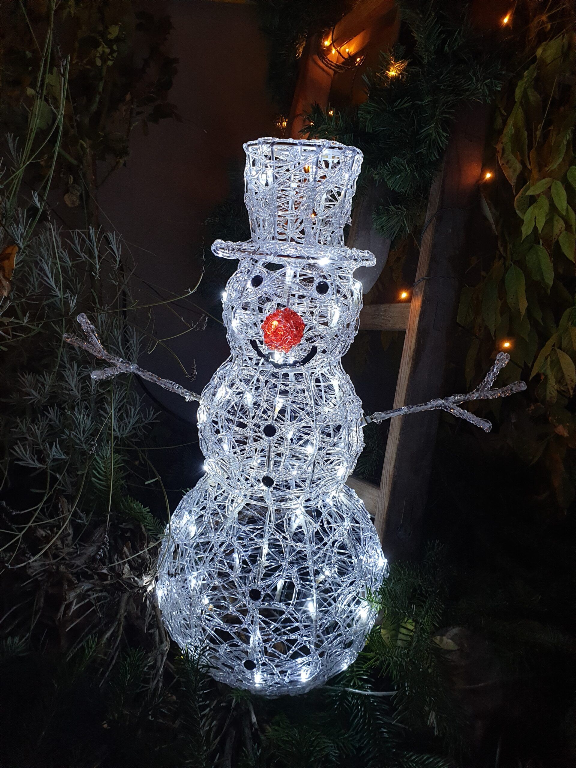 Ein Schneemann mit Zylinder und roter Nase
