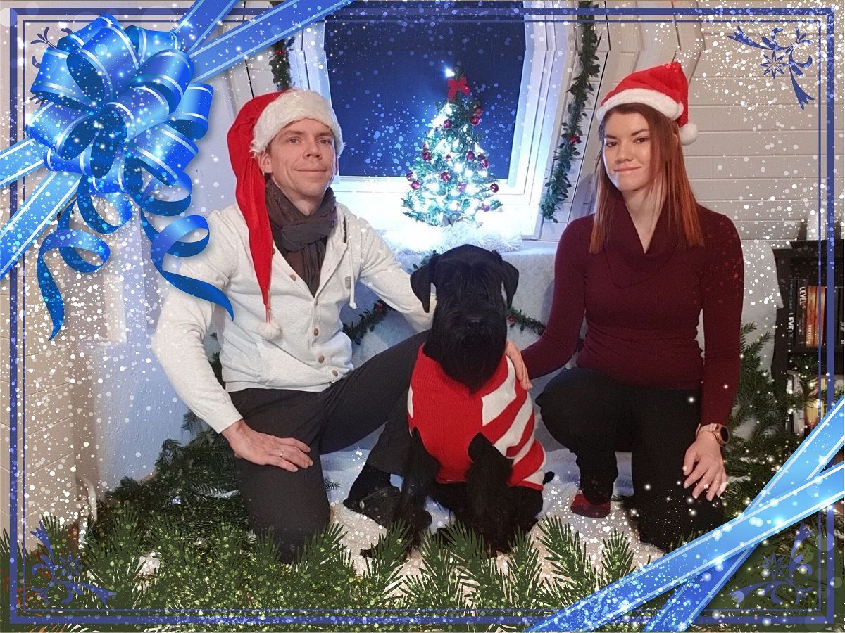 Ein Mann und eine Frau posieren mit ihrem Hund vor einem Weihnachtsbaum für ein Foto.