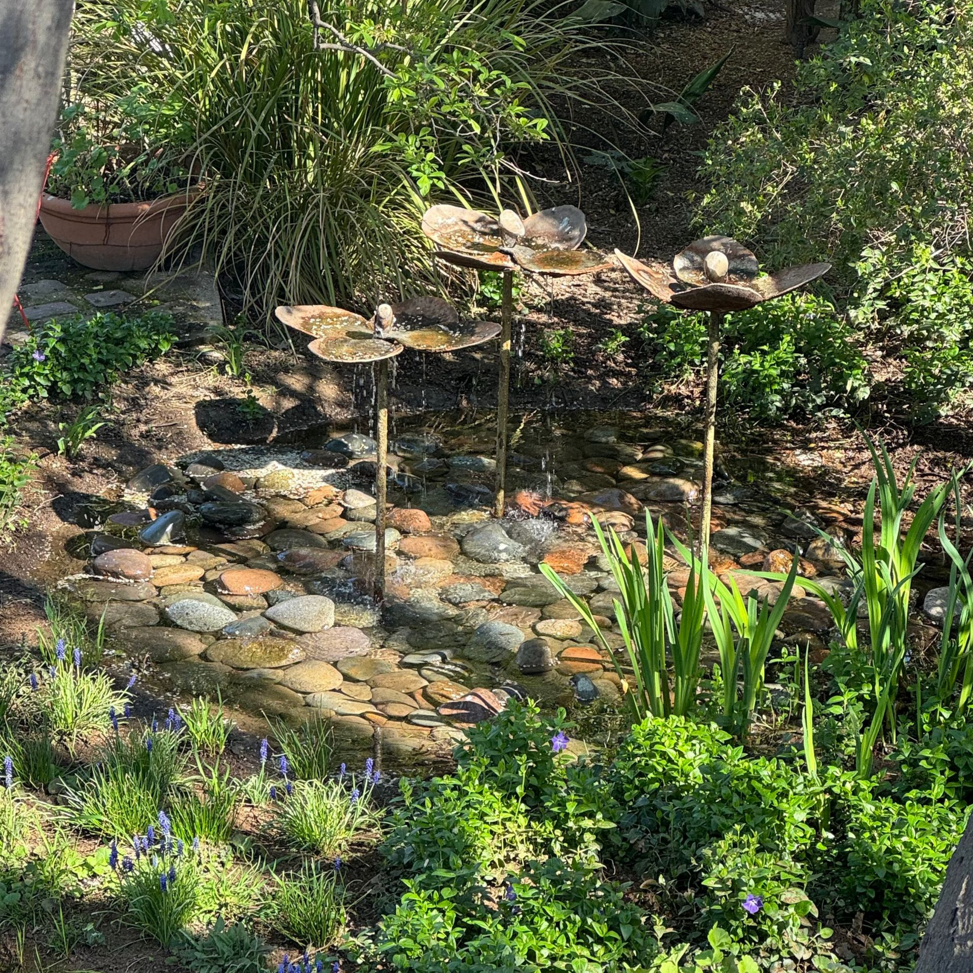 Water fountain with lily pad-shaped bowls cascades into a stone-lined pool surrounded by greenery.