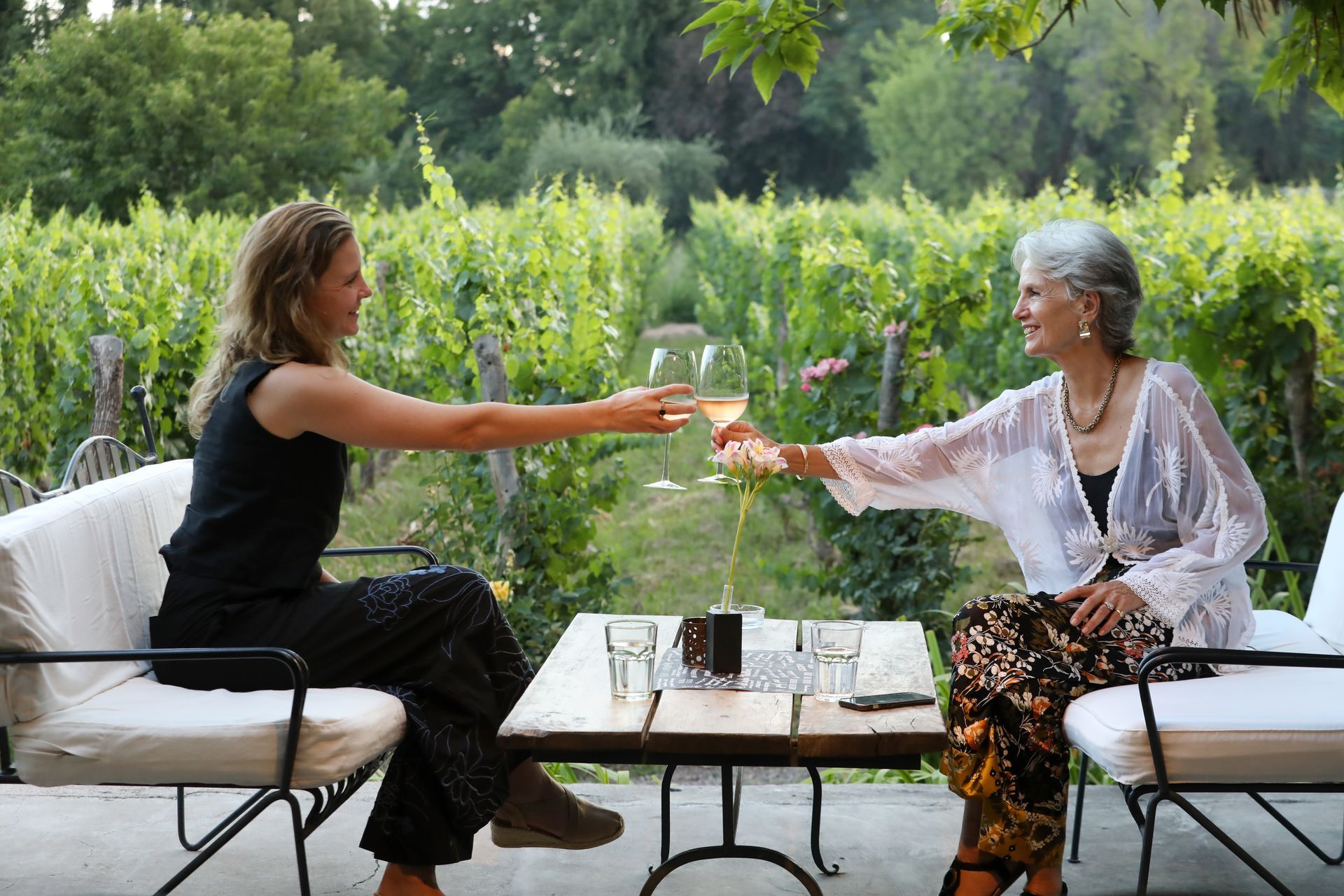 Two people toasting wine glasses outdoors near a vineyard.