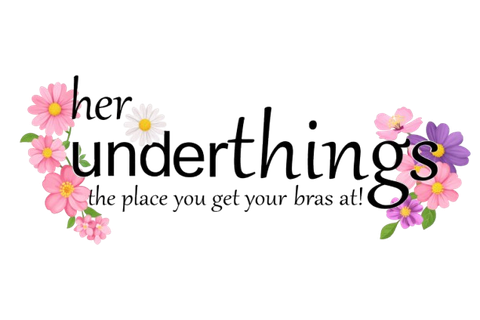 Logo reading &ldquo;her underthings&rdquo; with pink flowers and the tagline &ldquo;the place you get your bras at.&rdquo;
