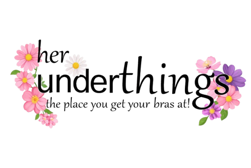 Logo reading &ldquo;her underthings&rdquo; with pink flowers and the tagline &ldquo;the place you get your bras at.&rdquo;