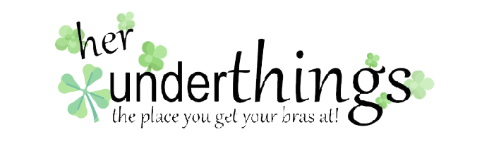 Logo for Her Underthings with green clover icons and the tagline βthe place you get your bras at!β