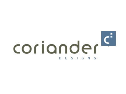 The coriander designs logo is on a white background.