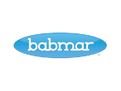 A blue logo for babmar on a white background