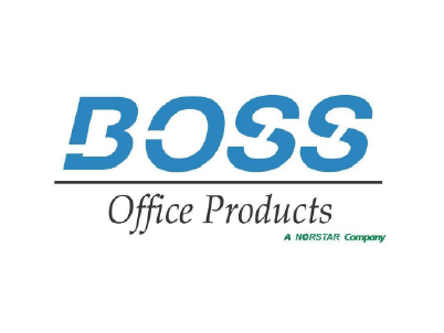 The boss office products logo is blue and white on a white background.