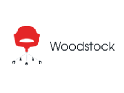 A woodstock logo with a red chair on a white background.