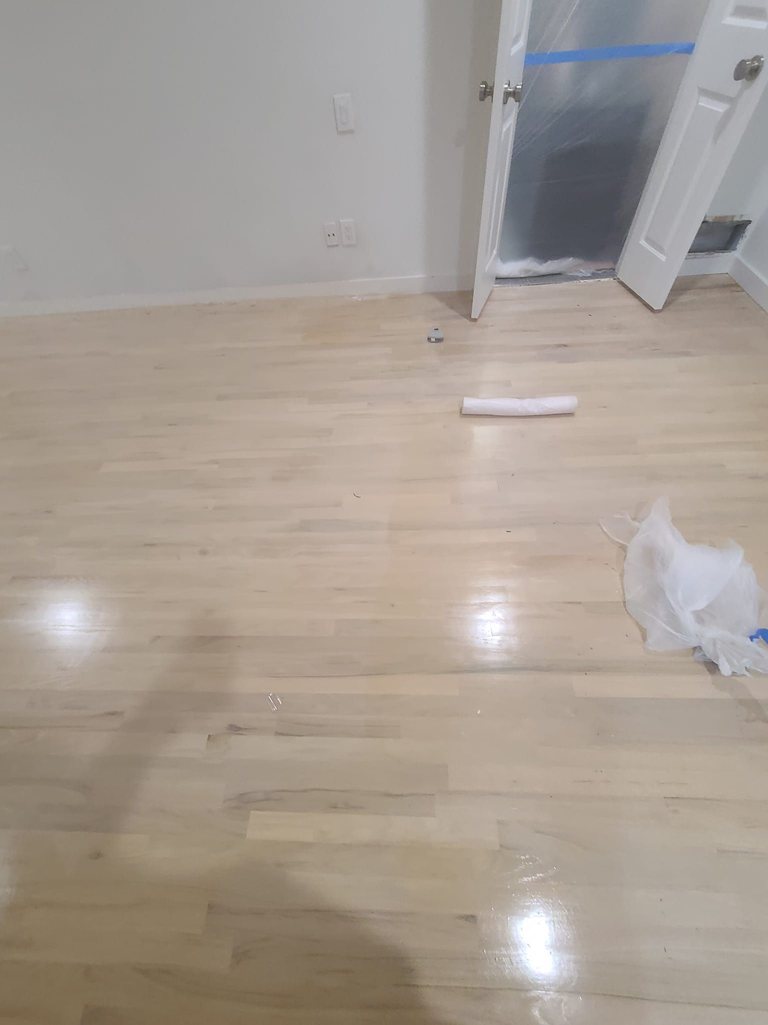A room with a wooden floor and a door.