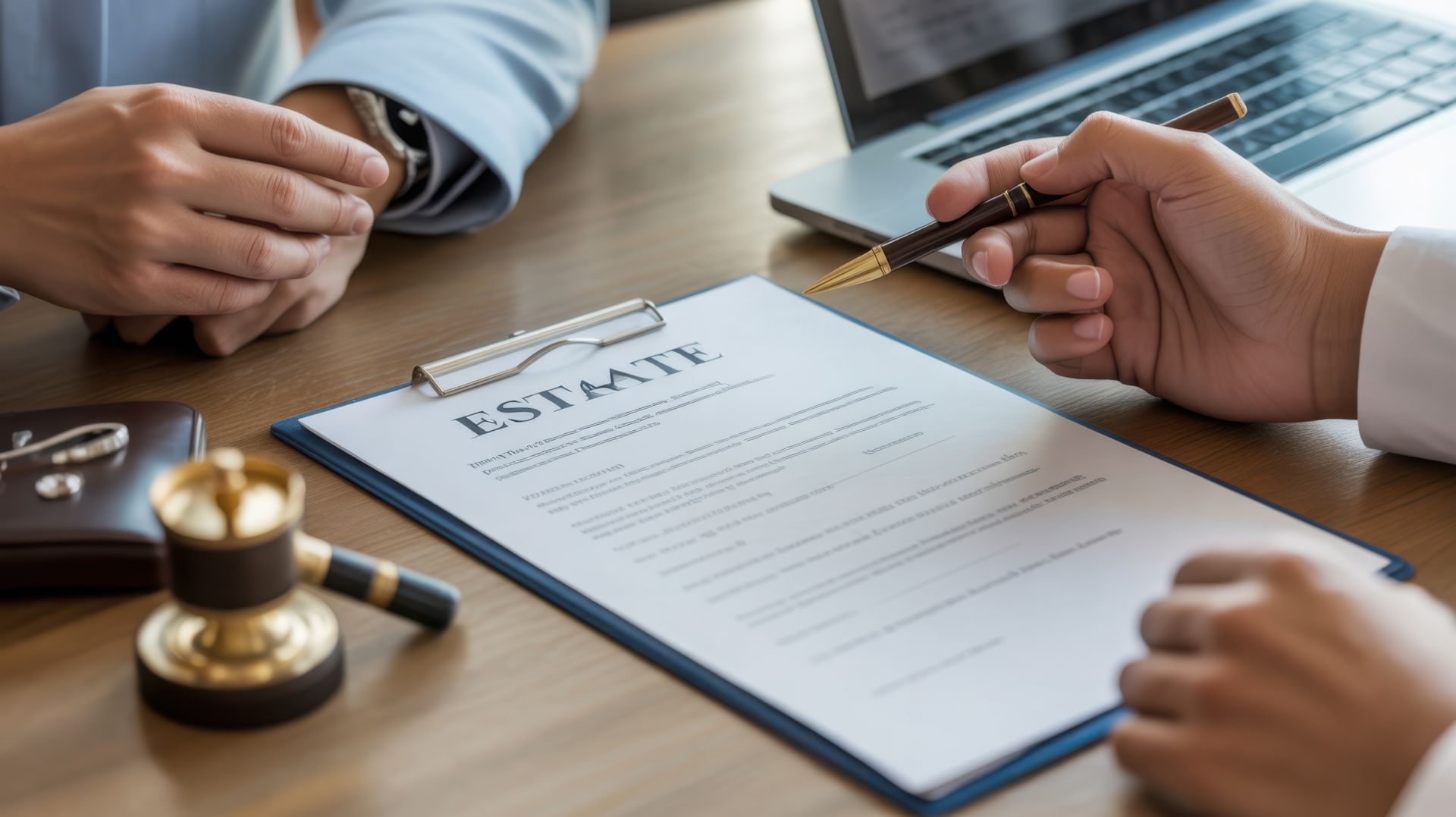Hands reviewing a contract on a desk with a pen and laptop nearby