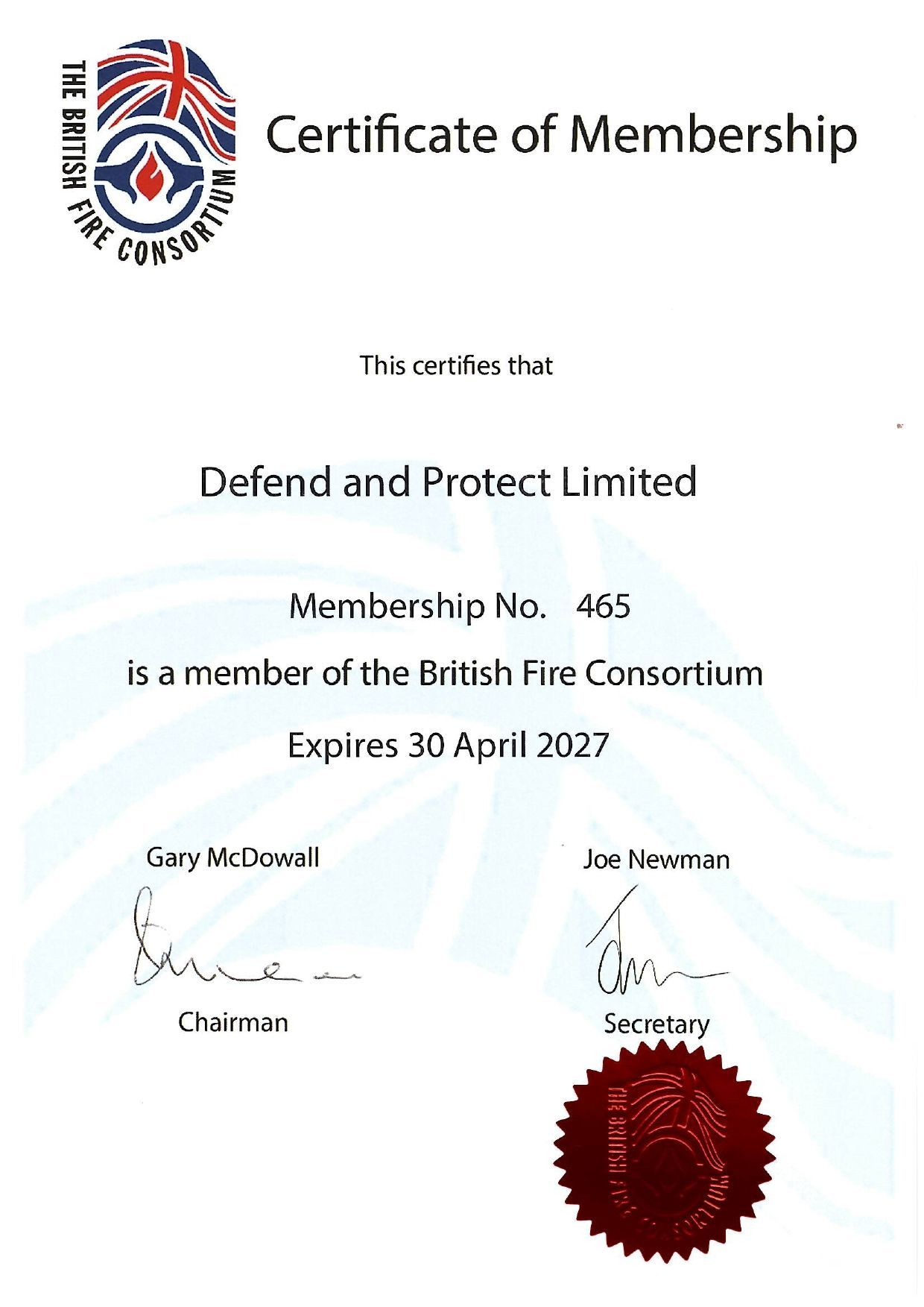Certificate of Membership for Defend and Protect Limited, with signatures and red seal