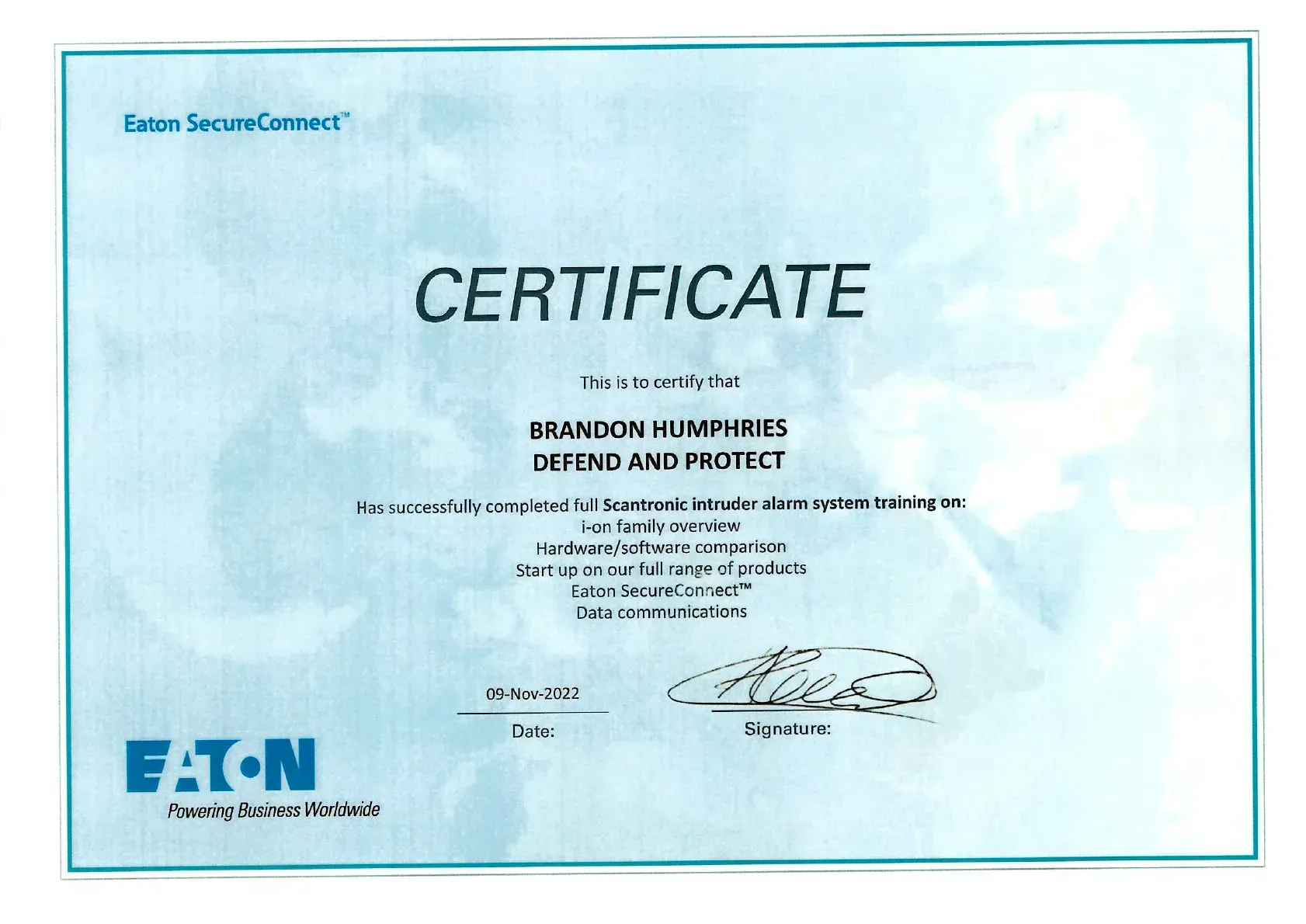 Blue Eaton certification certificate with large “CERTIFICATE” title and a signature at the bottom.