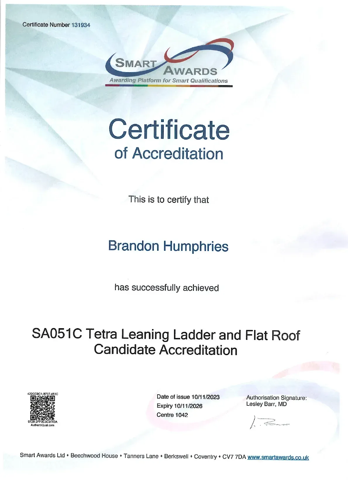 Certificate of Accreditation for Brandon Humphries from SAO85C Tea Learning Ladder and Flat Roof Candidate Accreditation