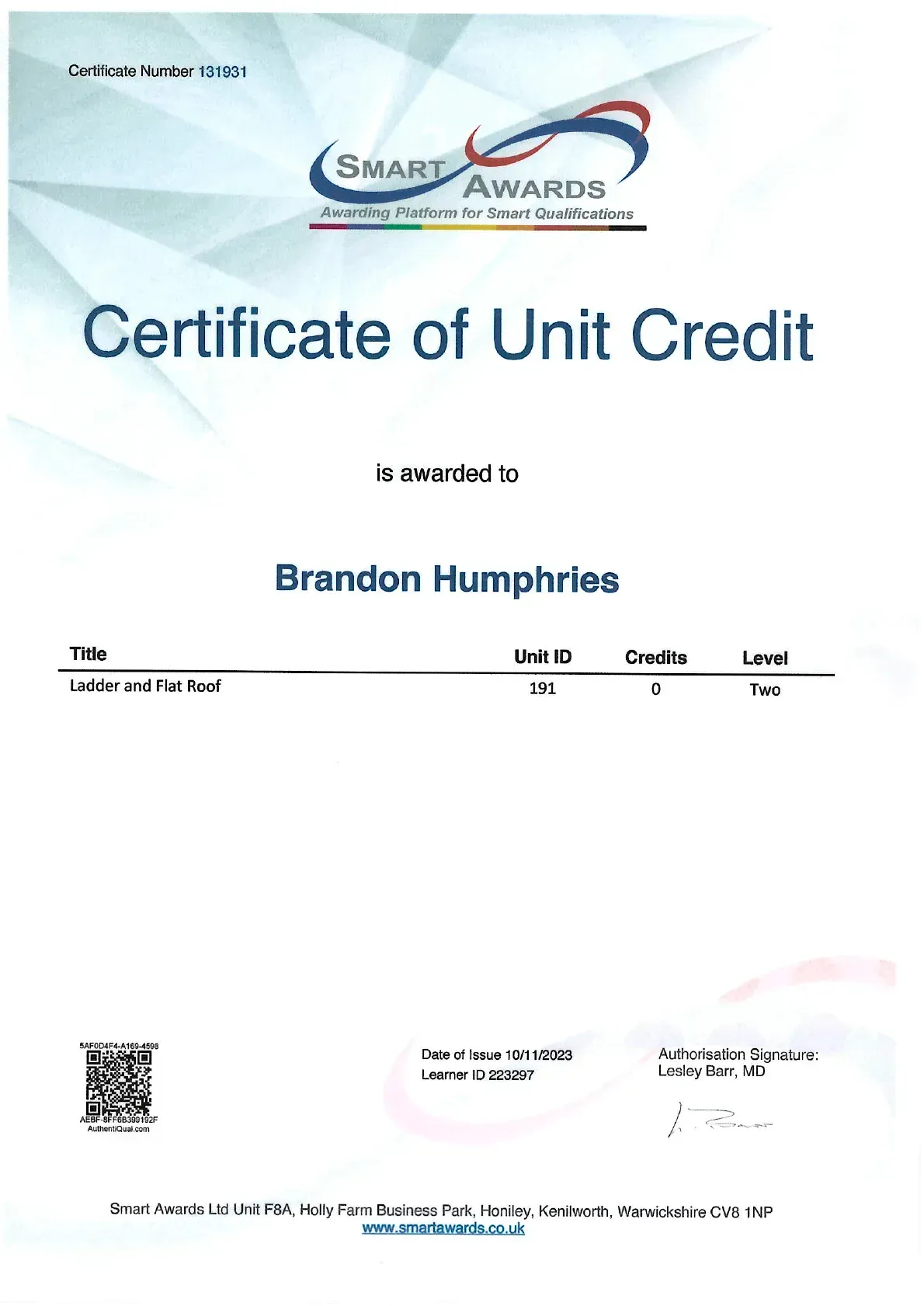 Certificate of Unit Credit with Smart Awards logo and name Brandon Humphries