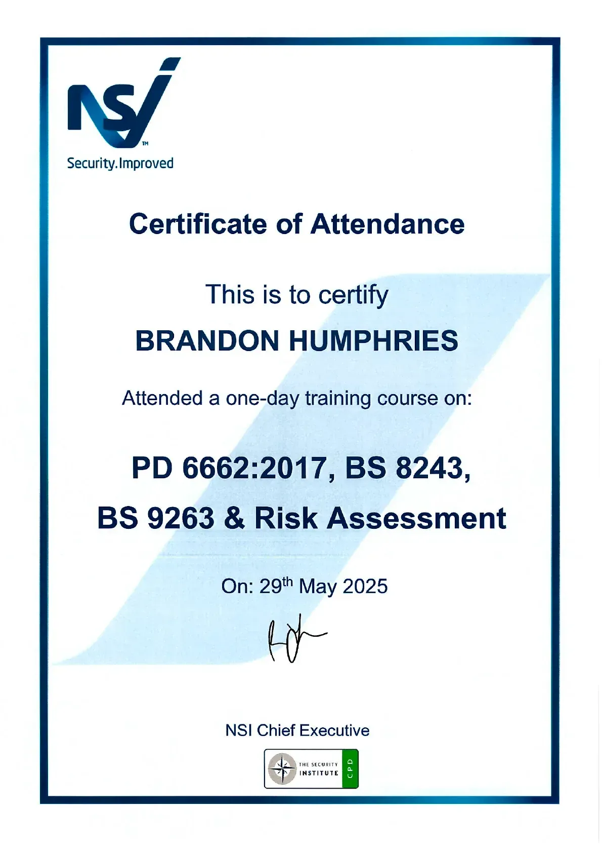 Certificate of attendance for Brandon Humphries on PD 6662:2017, BS 8243, BS 9263 & Risk Assessment.