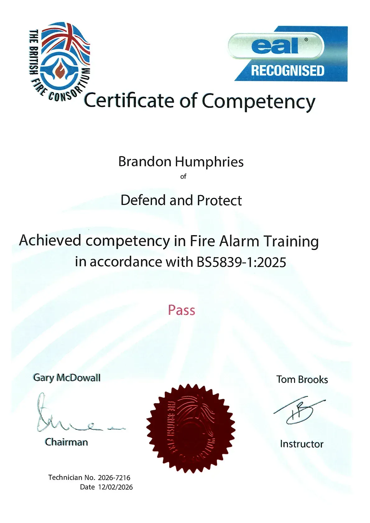 Fire alarm training competency certificate with EAL logo and signature seals