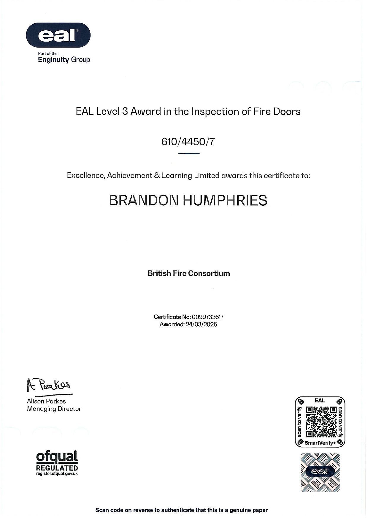 Certificate titled “E&T, Inc. 45th Annual Inspection of Fire Doors” for Brandon Humphries.