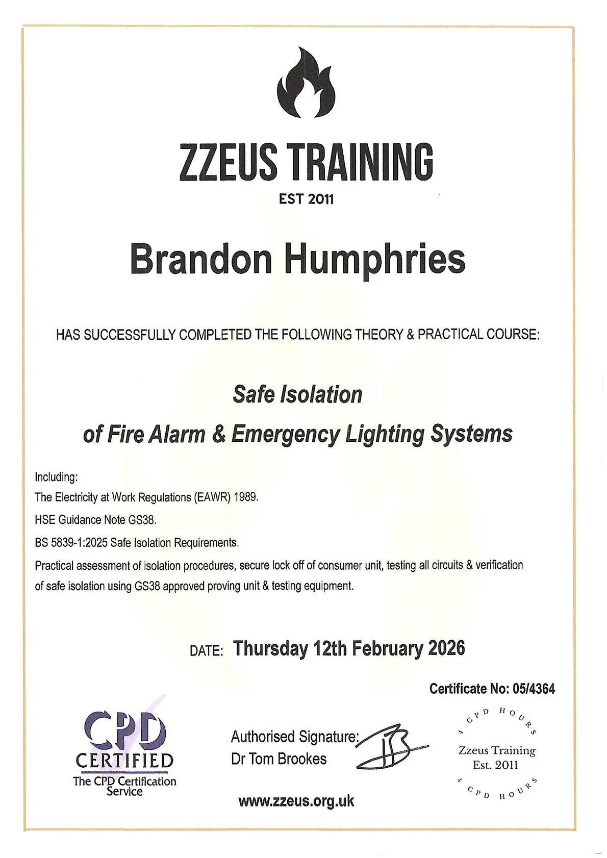 Certificate from Zzeus Training for Brandon Humphries, Safe Isolation and Fire Alarm & Emergency Lighting Systems